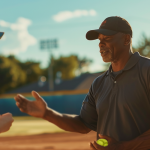 A softball coach teaching a player