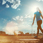 A DP softball player walking towards the pitching mound